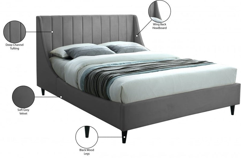 Eva Velvet Queen Bed Grey - Gate FurnitureQueen Bed