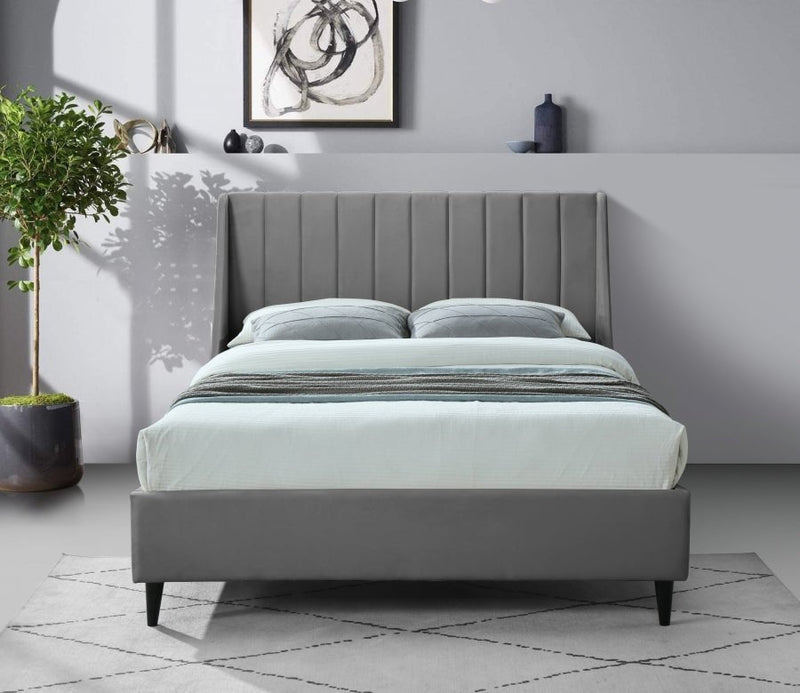 Eva Velvet Queen Bed Grey - Gate FurnitureQueen Bed