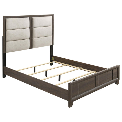 Farre Eastern King Upholstered Platform Panel Bed Dark Brown - 225321KE