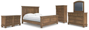 Feddinger California King Panel Bed with Mirrored Dresser, Chest and 2 Nightstands in Medium Brown - PKG022326