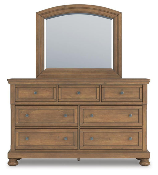 Feddinger California King Panel Bed with Mirrored Dresser in Medium Brown - PKG022324