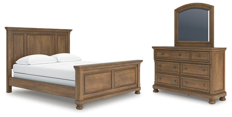 Feddinger California King Panel Bed with Mirrored Dresser in Medium Brown - PKG022324