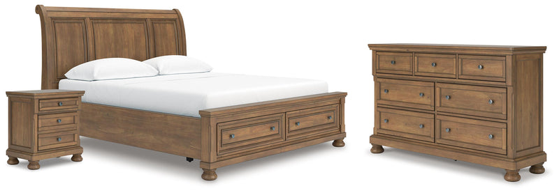 Feddinger California King Storage Sleigh Bed with Dresser and Nightstand in Medium Brown - PKG022347