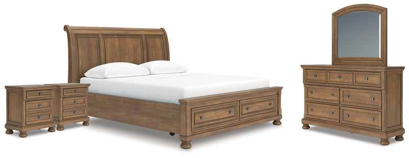 Feddinger California King Storage Sleigh Bed with Mirrored Dresser and 2 Nightstands in Medium Brown - PKG022341