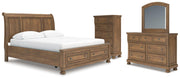 Feddinger California King Storage Sleigh Bed with Mirrored Dresser and Chest in Medium Brown - PKG022344