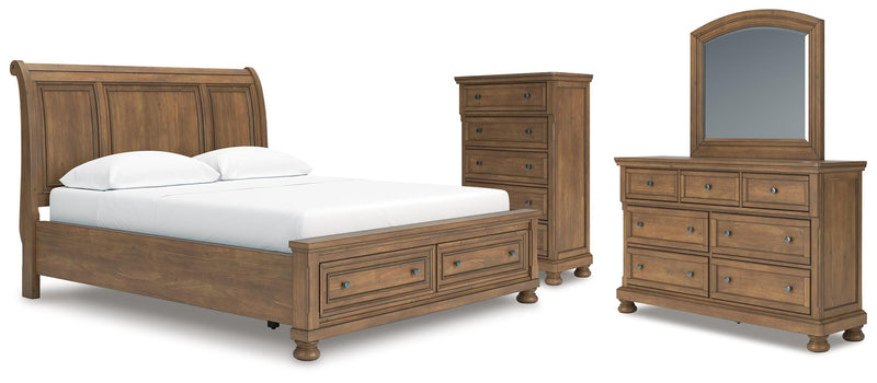 Feddinger California King Storage Sleigh Bed with Mirrored Dresser and Chest in Medium Brown - PKG022344