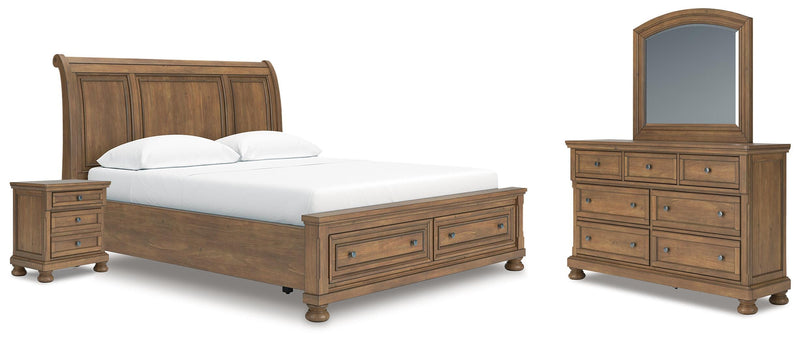 Feddinger California King Storage Sleigh Bed with Mirrored Dresser and Nightstand in Medium Brown - PKG022343