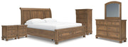 Feddinger California King Storage Sleigh Bed with Mirrored Dresser, Chest and 2 Nightstands in Medium Brown - PKG022342