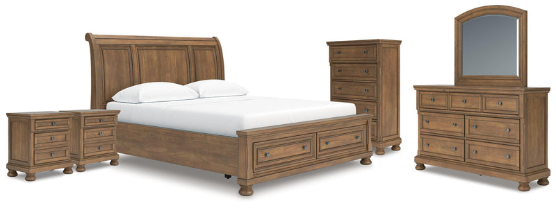Feddinger California King Storage Sleigh Bed with Mirrored Dresser, Chest and 2 Nightstands in Medium Brown - PKG022342