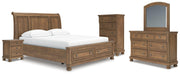 Feddinger California King Storage Sleigh Bed with Mirrored Dresser, Chest and Nightstand in Medium Brown - PKG022345