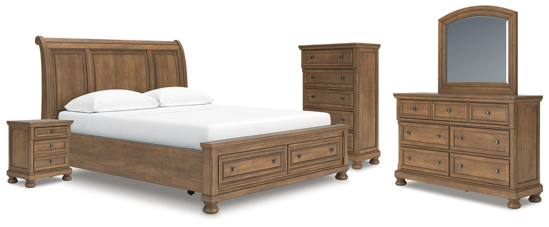 Feddinger California King Storage Sleigh Bed with Mirrored Dresser, Chest and Nightstand in Medium Brown - PKG022345