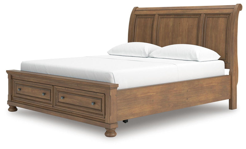 Feddinger California King Storage Sleigh Bed with Mirrored Dresser in Medium Brown - PKG022340