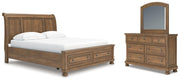 Feddinger California King Storage Sleigh Bed with Mirrored Dresser in Medium Brown - PKG022340