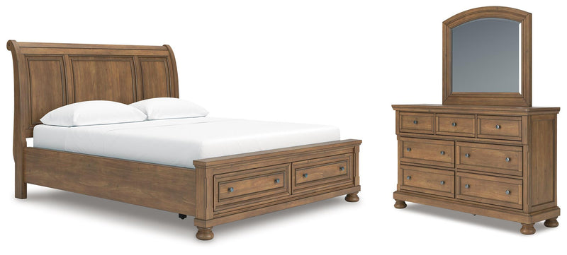 Feddinger California King Storage Sleigh Bed with Mirrored Dresser in Medium Brown - PKG022340