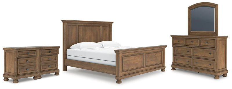 Feddinger King Panel Bed with Mirrored Dresser and 2 Nightstands in Medium Brown - PKG022317