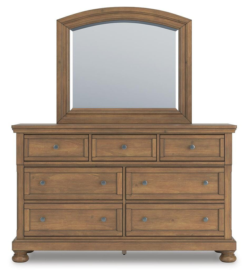 Feddinger King Panel Bed with Mirrored Dresser and Chest in Medium Brown - PKG022320