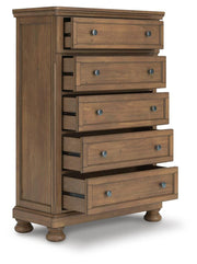 Feddinger King Panel Bed with Mirrored Dresser and Chest in Medium Brown - PKG022320