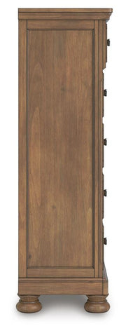 Feddinger King Panel Bed with Mirrored Dresser and Chest in Medium Brown - PKG022320