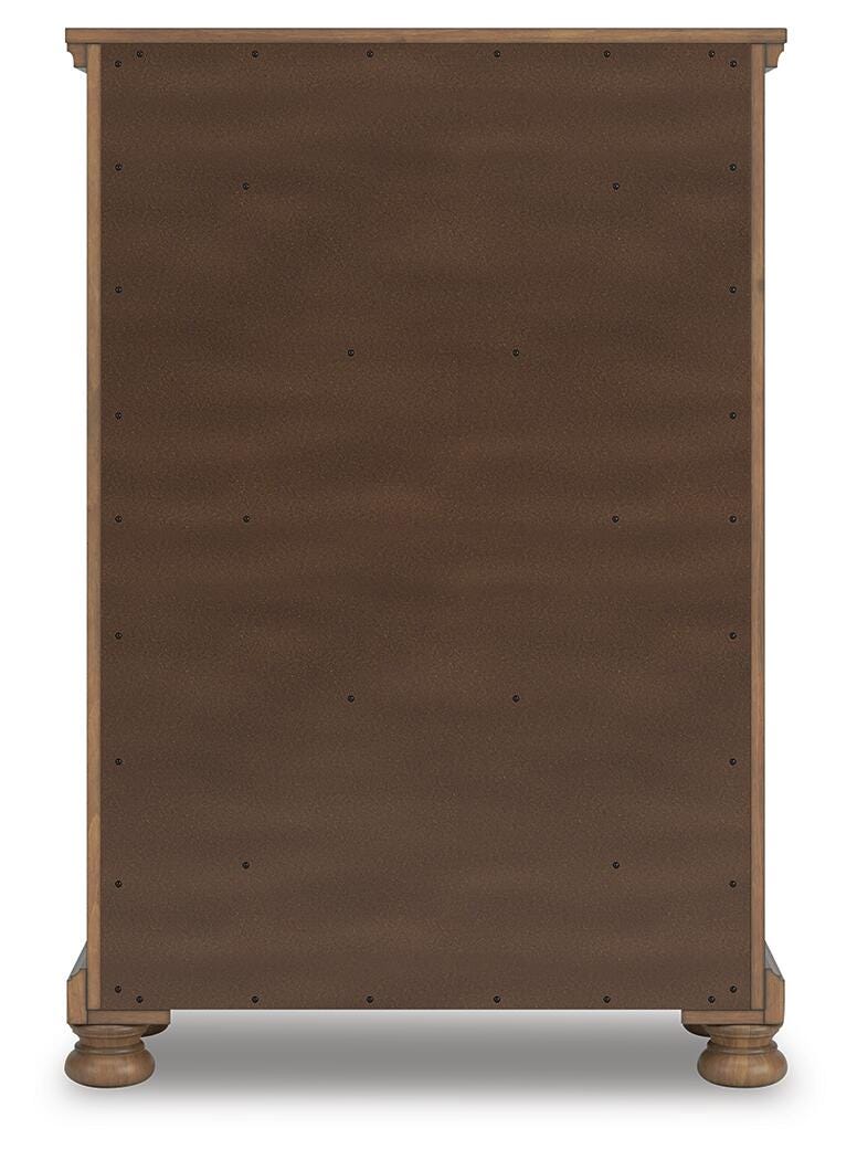 Feddinger King Panel Bed with Mirrored Dresser and Chest in Medium Brown - PKG022320