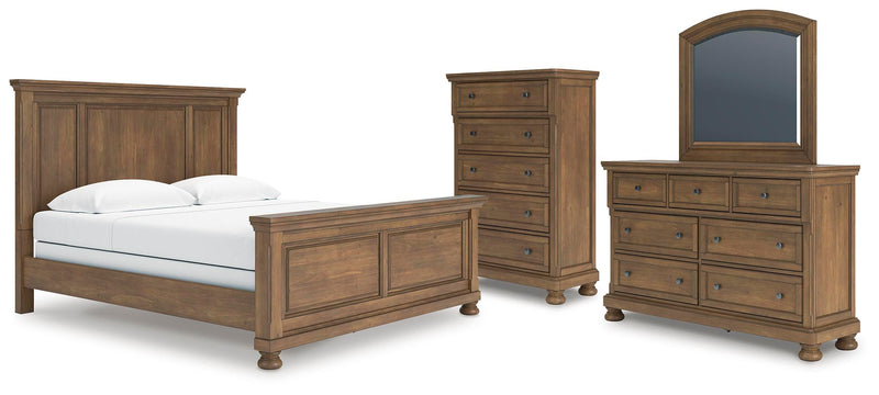 Feddinger King Panel Bed with Mirrored Dresser and Chest in Medium Brown - PKG022320