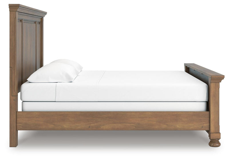 Feddinger King Panel Bed with Mirrored Dresser and Chest in Medium Brown - PKG022320