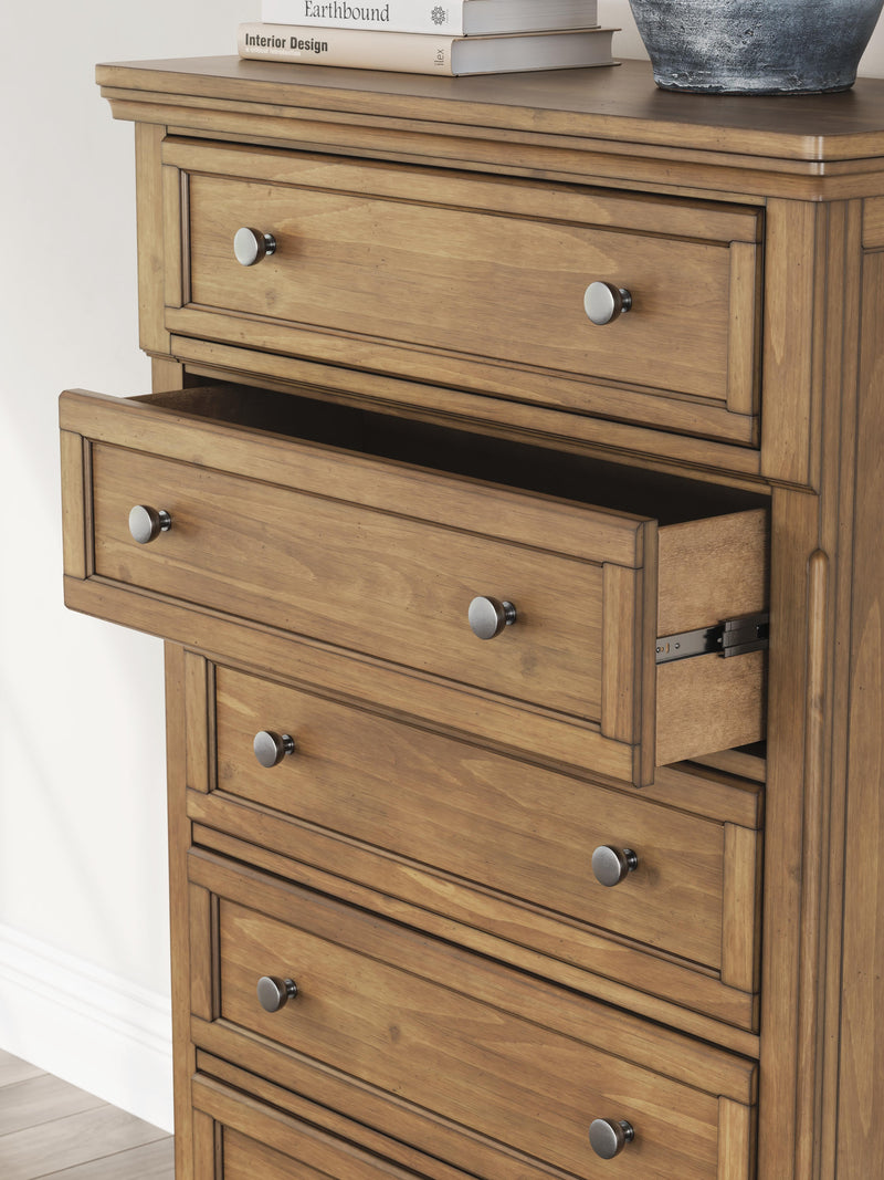 Feddinger King Panel Bed with Mirrored Dresser and Chest in Medium Brown - PKG022320