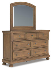 Feddinger King Panel Bed with Mirrored Dresser and Chest in Medium Brown - PKG022320