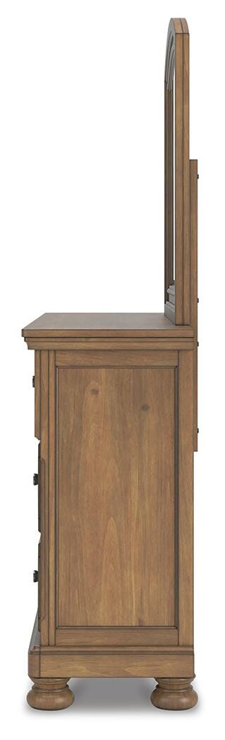 Feddinger King Panel Bed with Mirrored Dresser and Chest in Medium Brown - PKG022320