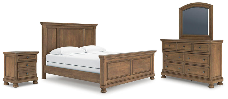 Feddinger King Panel Bed with Mirrored Dresser and Nightstand in Medium Brown - PKG022319