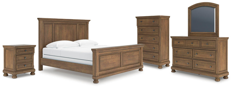 Feddinger King Panel Bed with Mirrored Dresser, Chest and Nightstand in Medium Brown - PKG022321