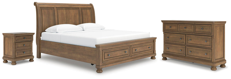 Feddinger King Storage Sleigh Bed with Dresser and Nightstand in Medium Brown - PKG022339