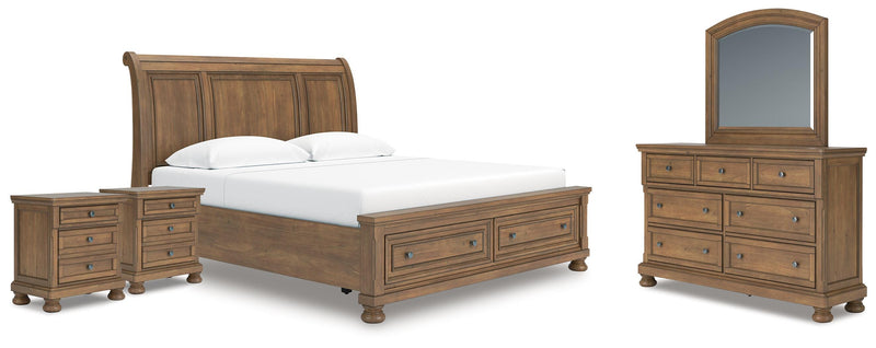 Feddinger King Storage Sleigh Bed with Mirrored Dresser and 2 Nightstands in Medium Brown - PKG022333