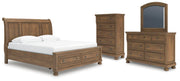 Feddinger King Storage Sleigh Bed with Mirrored Dresser and Chest in Medium Brown - PKG022336