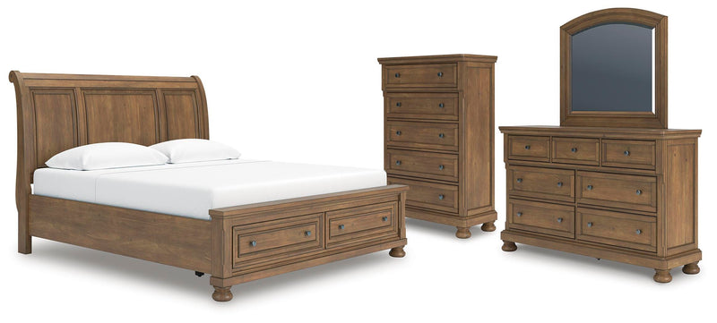 Feddinger King Storage Sleigh Bed with Mirrored Dresser and Chest in Medium Brown - PKG022336