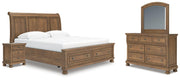 Feddinger King Storage Sleigh Bed with Mirrored Dresser and Nightstand in Medium Brown - PKG022335