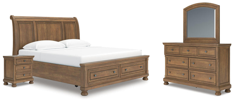 Feddinger King Storage Sleigh Bed with Mirrored Dresser and Nightstand in Medium Brown - PKG022335