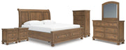 Feddinger King Storage Sleigh Bed with Mirrored Dresser, Chest and 2 Nightstands in Medium Brown - PKG022334