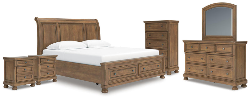 Feddinger King Storage Sleigh Bed with Mirrored Dresser, Chest and 2 Nightstands in Medium Brown - PKG022334