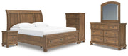 Feddinger King Storage Sleigh Bed with Mirrored Dresser, Chest and Nightstand in Medium Brown - PKG022337
