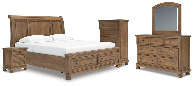 Feddinger King Storage Sleigh Bed with Mirrored Dresser, Chest and Nightstand in Medium Brown - PKG022337