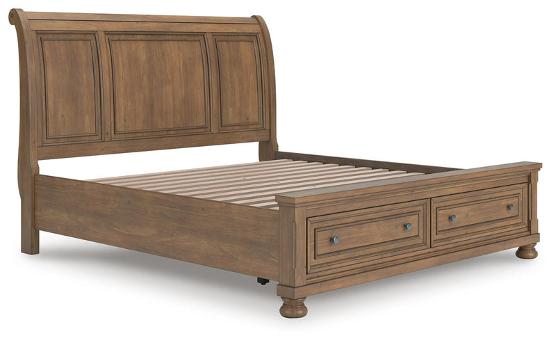 Feddinger King Storage Sleigh Bed with Mirrored Dresser in Medium Brown - PKG022332