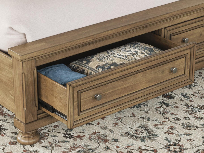 Feddinger King Storage Sleigh Bed with Mirrored Dresser in Medium Brown - PKG022332