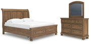 Feddinger King Storage Sleigh Bed with Mirrored Dresser in Medium Brown - PKG022332