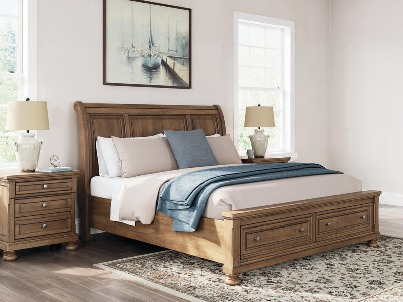 Feddinger King Storage Sleigh Bed with Mirrored Dresser in Medium Brown - PKG022332