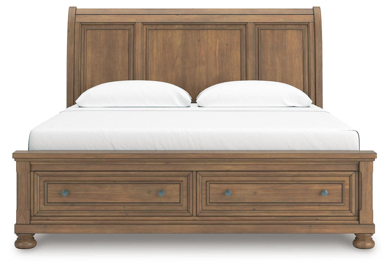 Feddinger King Storage Sleigh Bed with Mirrored Dresser in Medium Brown - PKG022332