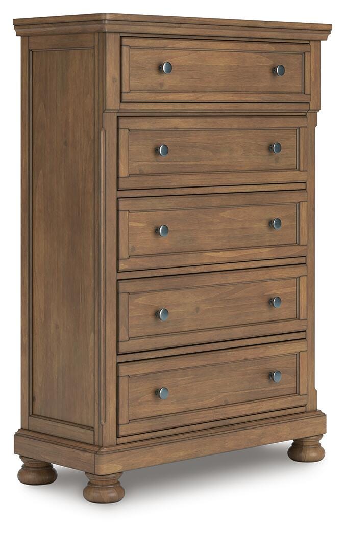 Feddinger Medium Brown King Panel Storage Bed, Dresser, Mirror, Chest and Nightstand - PCB779B17