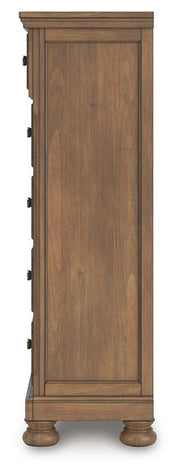 Feddinger Medium Brown King Panel Storage Bed, Dresser, Mirror, Chest and Nightstand - PCB779B17