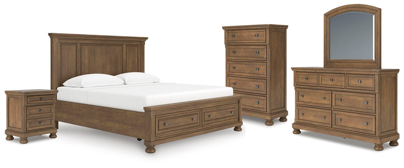 Feddinger Medium Brown King Panel Storage Bed, Dresser, Mirror, Chest and Nightstand - PCB779B17