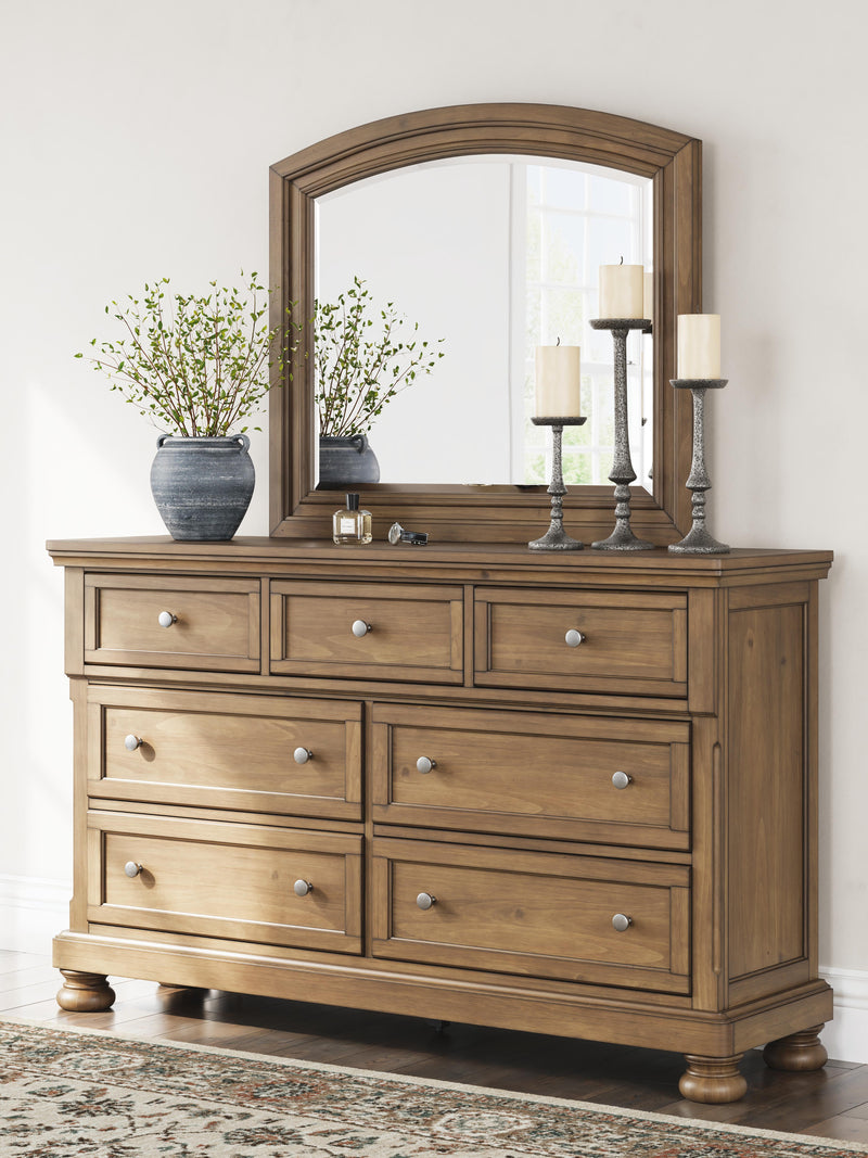 Feddinger Medium Brown King Panel Storage Bed, Dresser, Mirror, Chest and Nightstand - PCB779B17