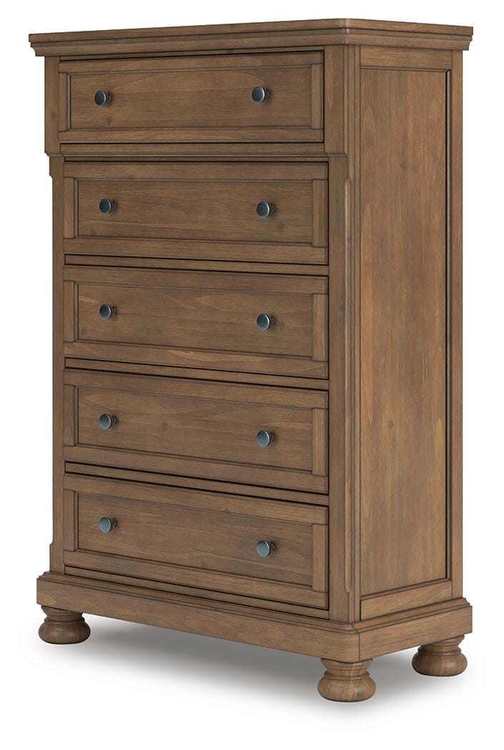 Feddinger Medium Brown Queen Panel Bed, Dresser, Mirror, Chest and Nightstand - PCB779B10